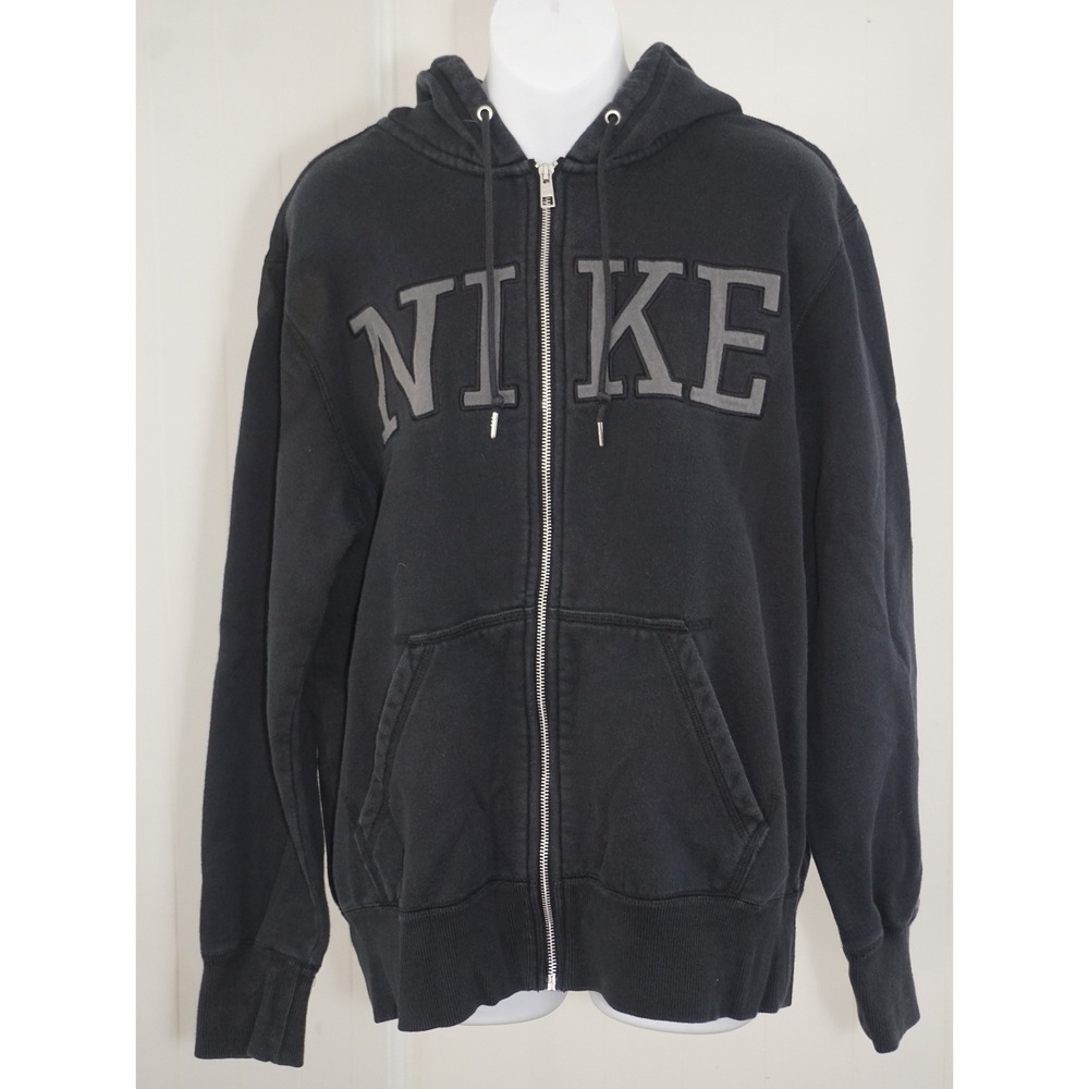 Nike Large Black Full Zip Hoodie Spellout Logo Fleece Jacket